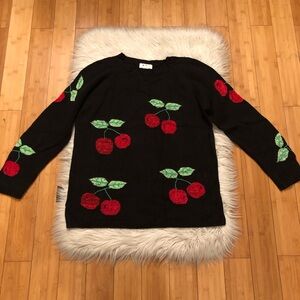 Vintage Quacker Factory Cherry Novelty Embroidered Black Knit Ugly Sweater L
